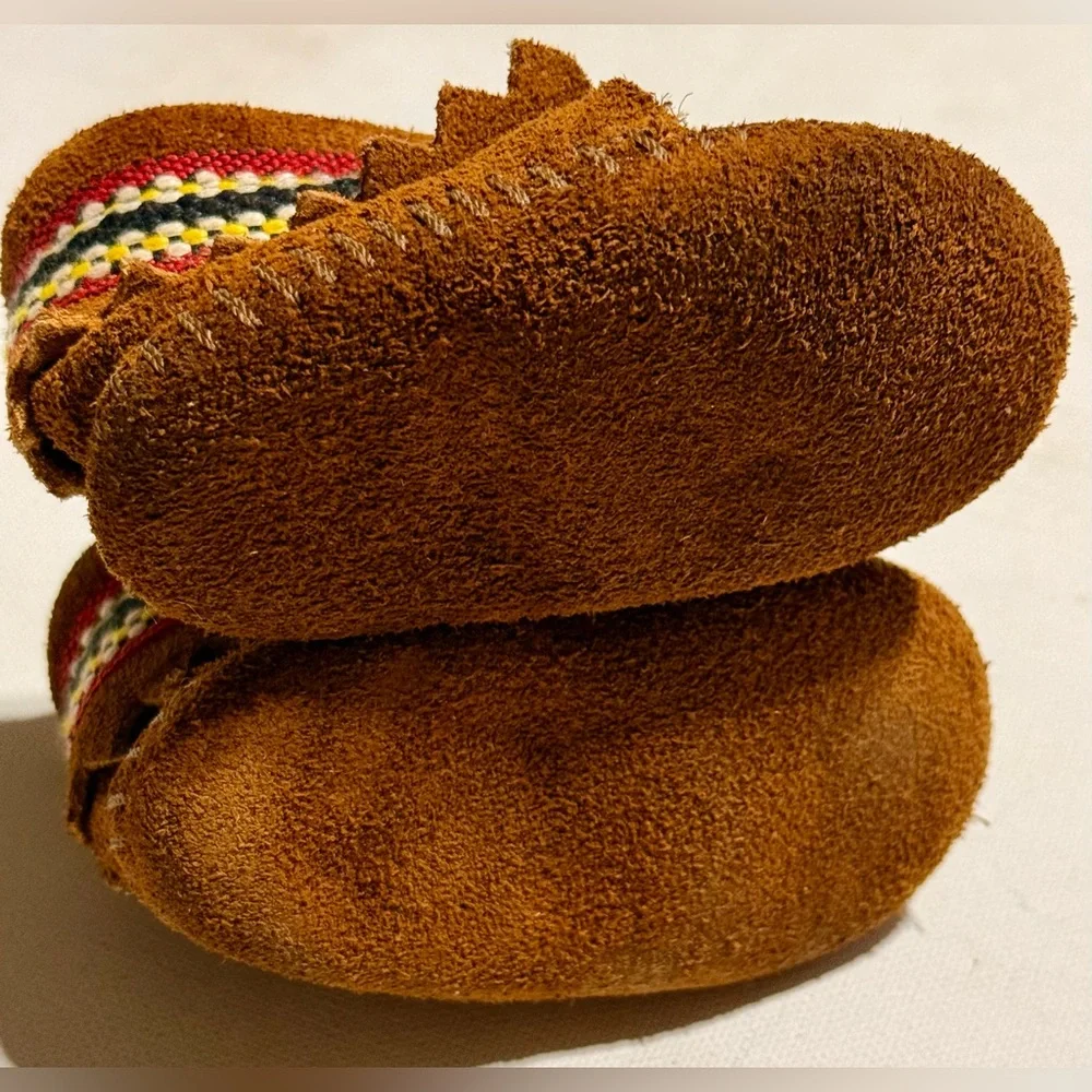 Minnetonka Brown Suede Kids Moccasins with Multicolor Woven Trim
